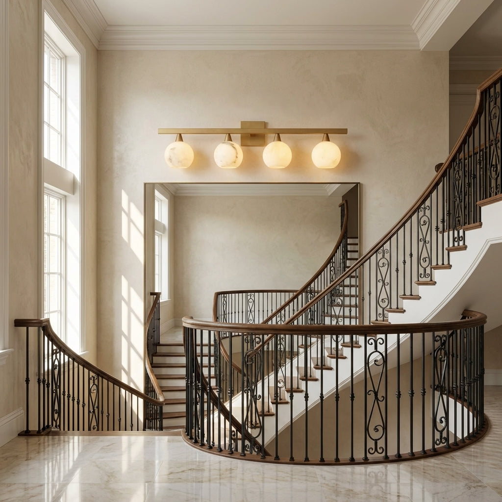 Luster Gaze Alabaster Radiance 4-Light Wall Sconce - dramatic American stairwell with soaring ceiling