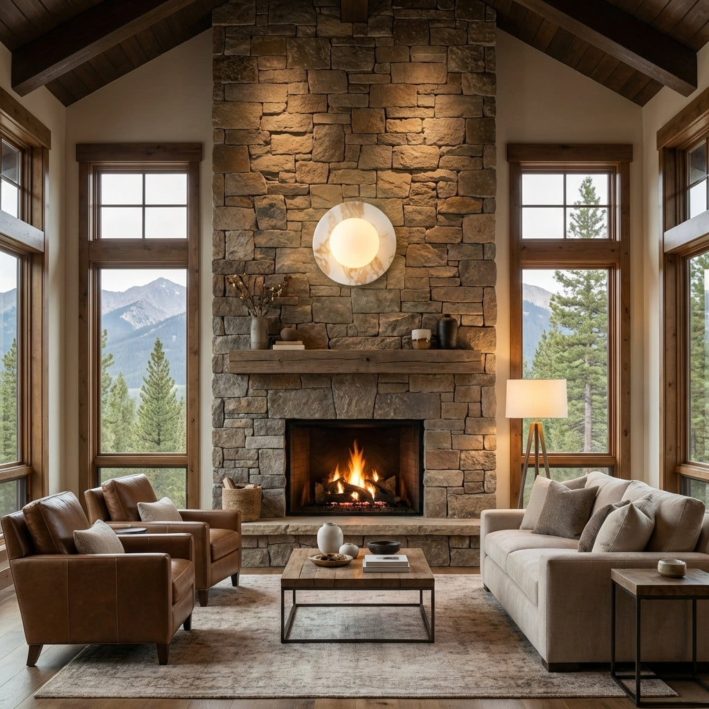 Luster Gaze Veridian Glow 1-Light Marble Wall Sconce - American transitional great room with cathedral ceiling