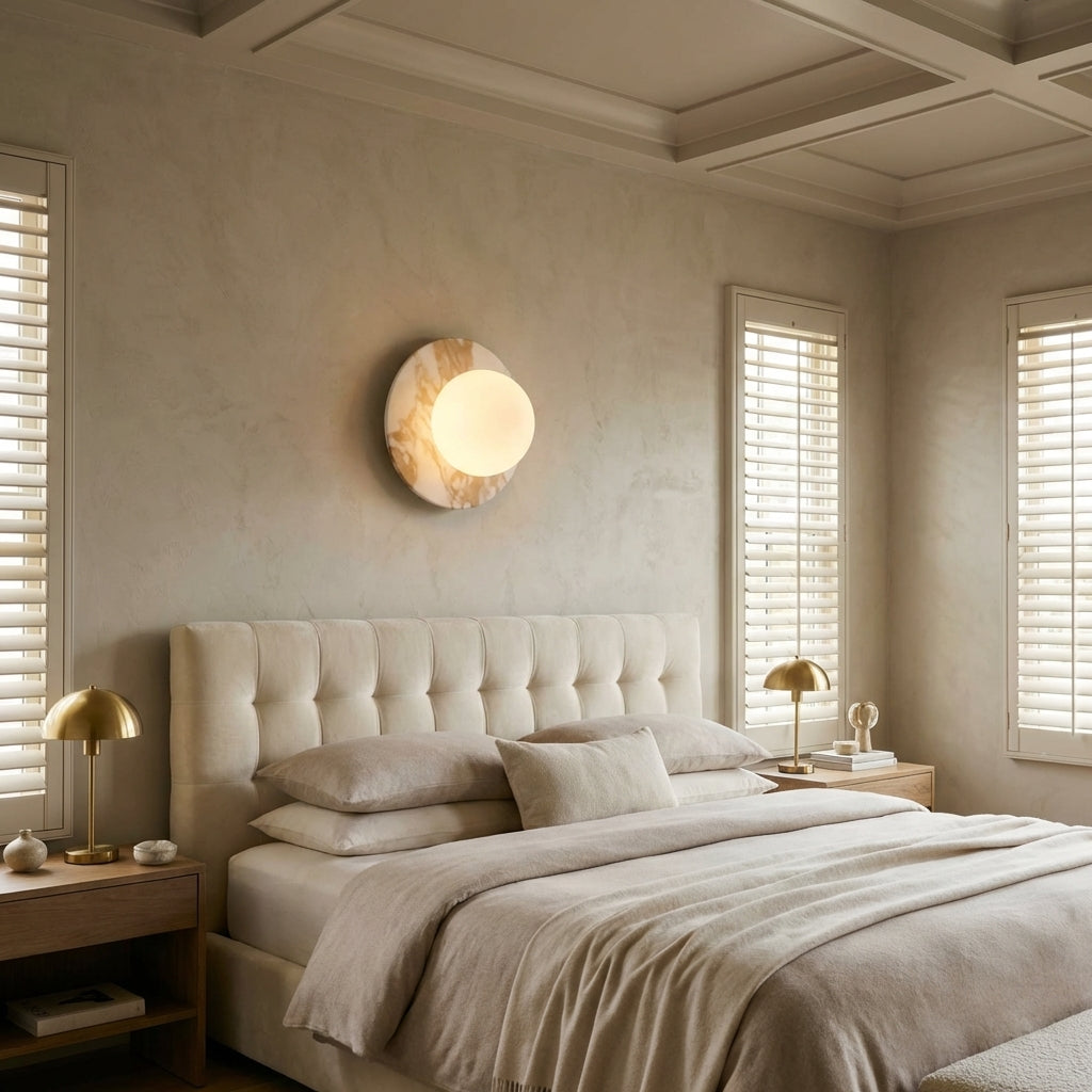 Luster Gaze Veridian Glow 1-Light Marble Wall Sconce - American master bedroom with coffered ceiling