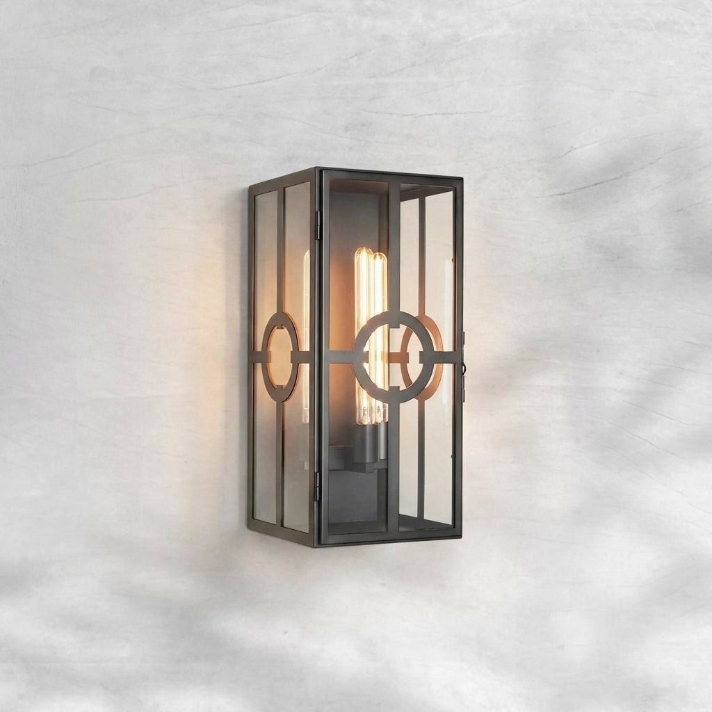 Luster Gaze Veridian Brass Outdoor Sconce - Background Shot