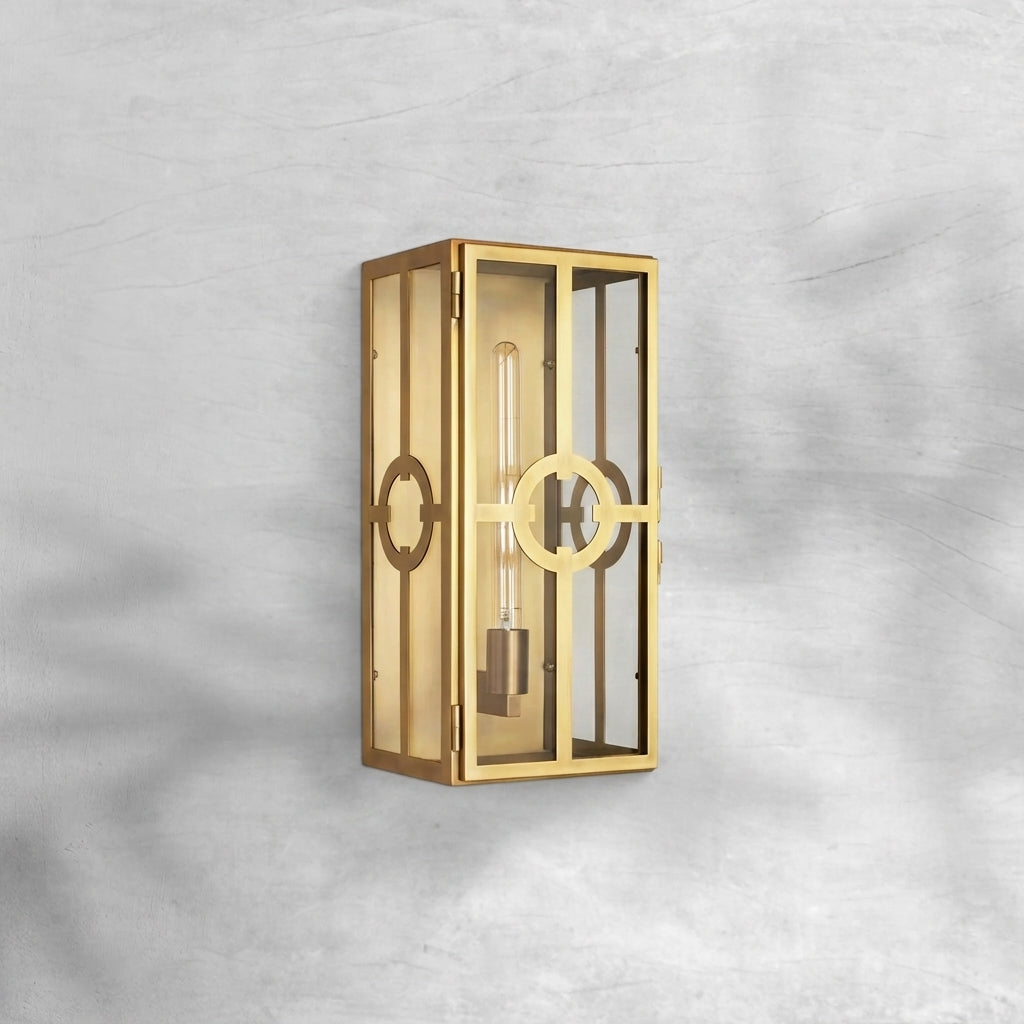 Luster Gaze Veridian Brass Outdoor Sconce - Background Shot