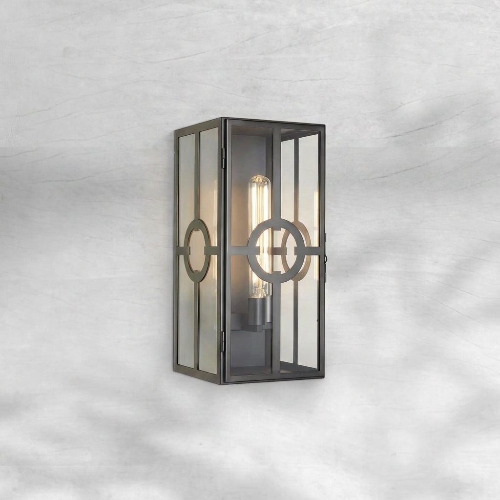 Luster Gaze Veridian Brass Outdoor Sconce - Background Shot