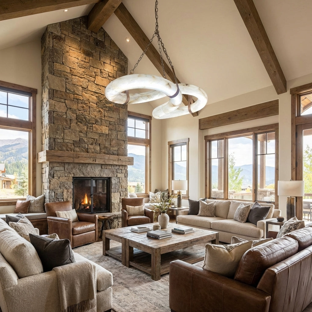 Luster Gaze Aura Curve Alabaster Chandelier - American transitional great room with cathedral ceiling