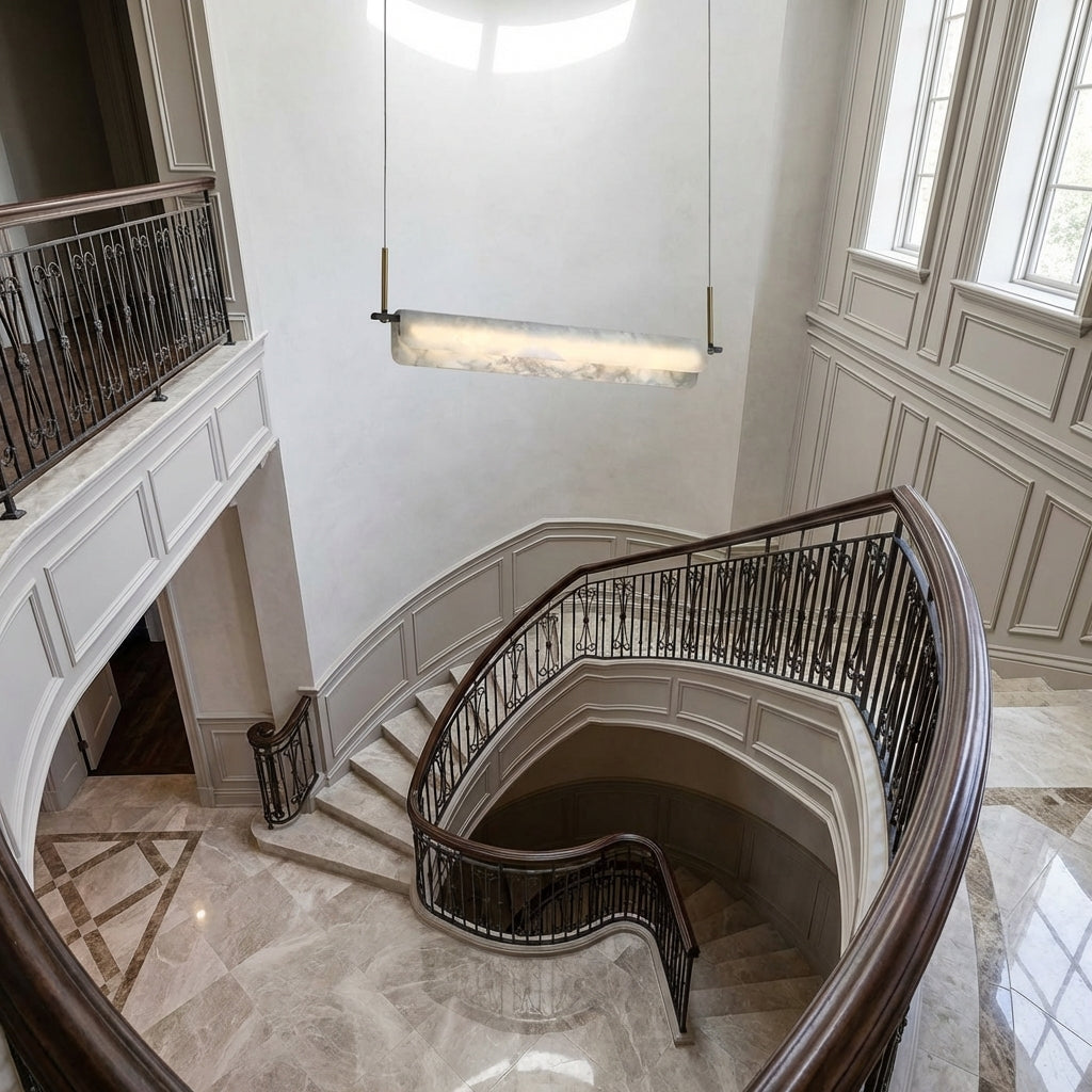Luster Gaze Opulent Alabaster Linear LED Chandelier - dramatic American stairwell with soaring ceiling