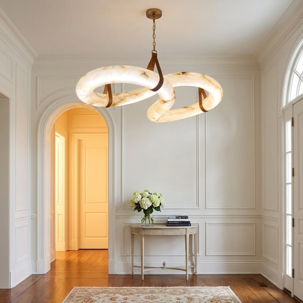 Luster Gaze Aura Curve Alabaster Chandelier - elegant American entryway with arched doorway
