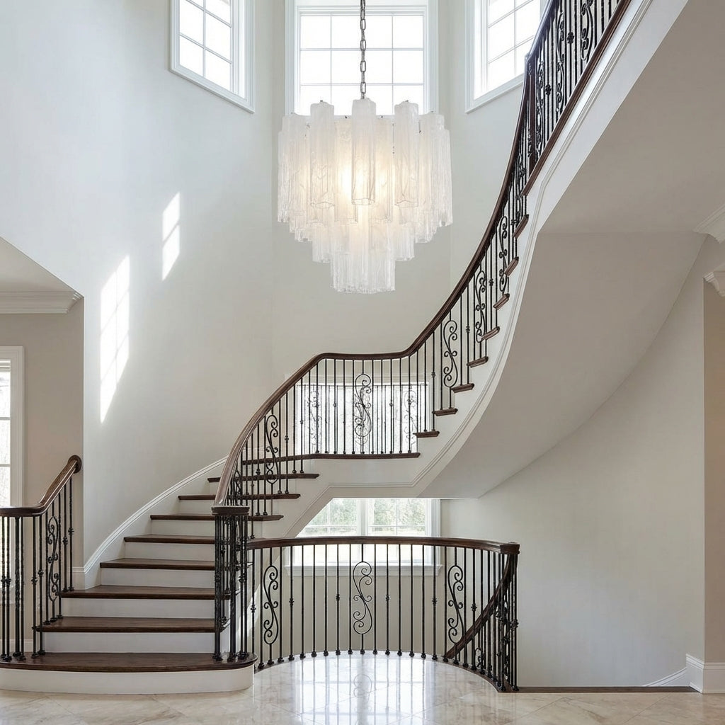 Luster Gaze Venetian Alabaster 36-Tube Chandelier - dramatic American stairwell with soaring ceiling
