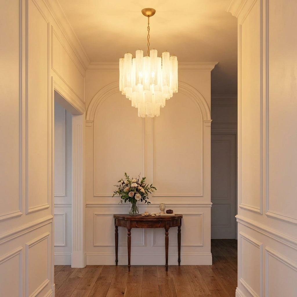 Luster Gaze Murano Chandelier – 36 tubes – Alabaster white - elegant American entryway with arched doorway