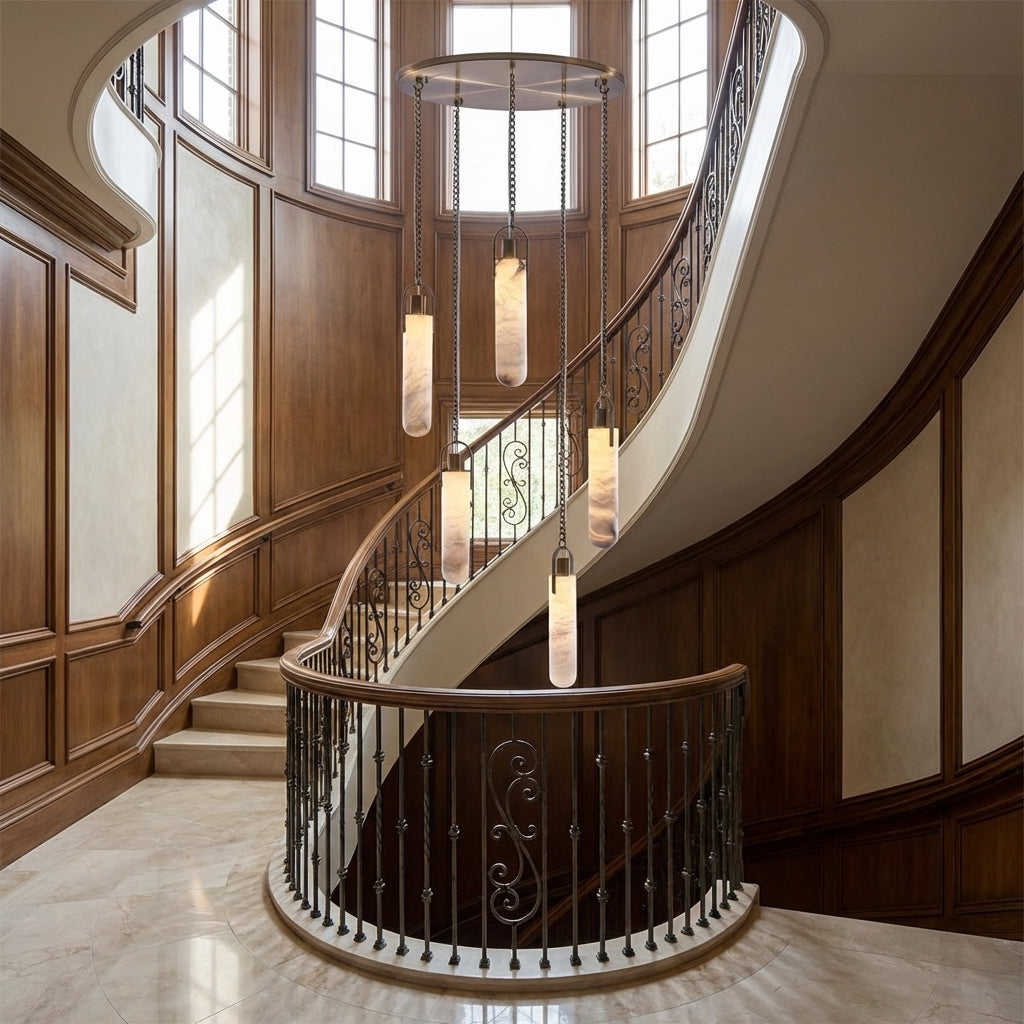 Luster Gaze Veridian Bloom Alabaster Multi-Light Pendant - dramatic American stairwell with soaring ceiling