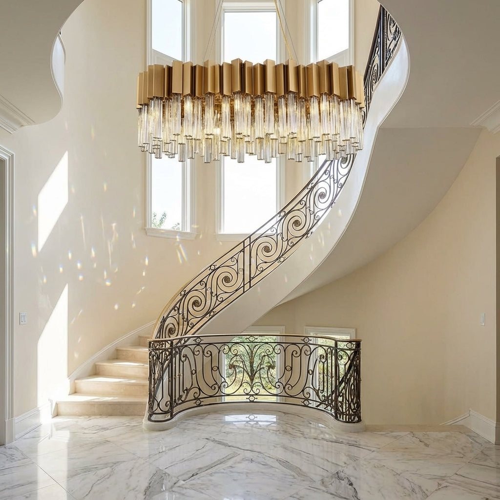Luster Gaze Radiant Oval Crystal Chandelier - dramatic American stairwell with soaring ceiling