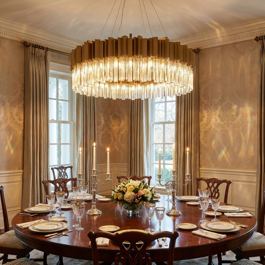 Luster Gaze Kubica Oval Crystal Chandelier - formal American dining room