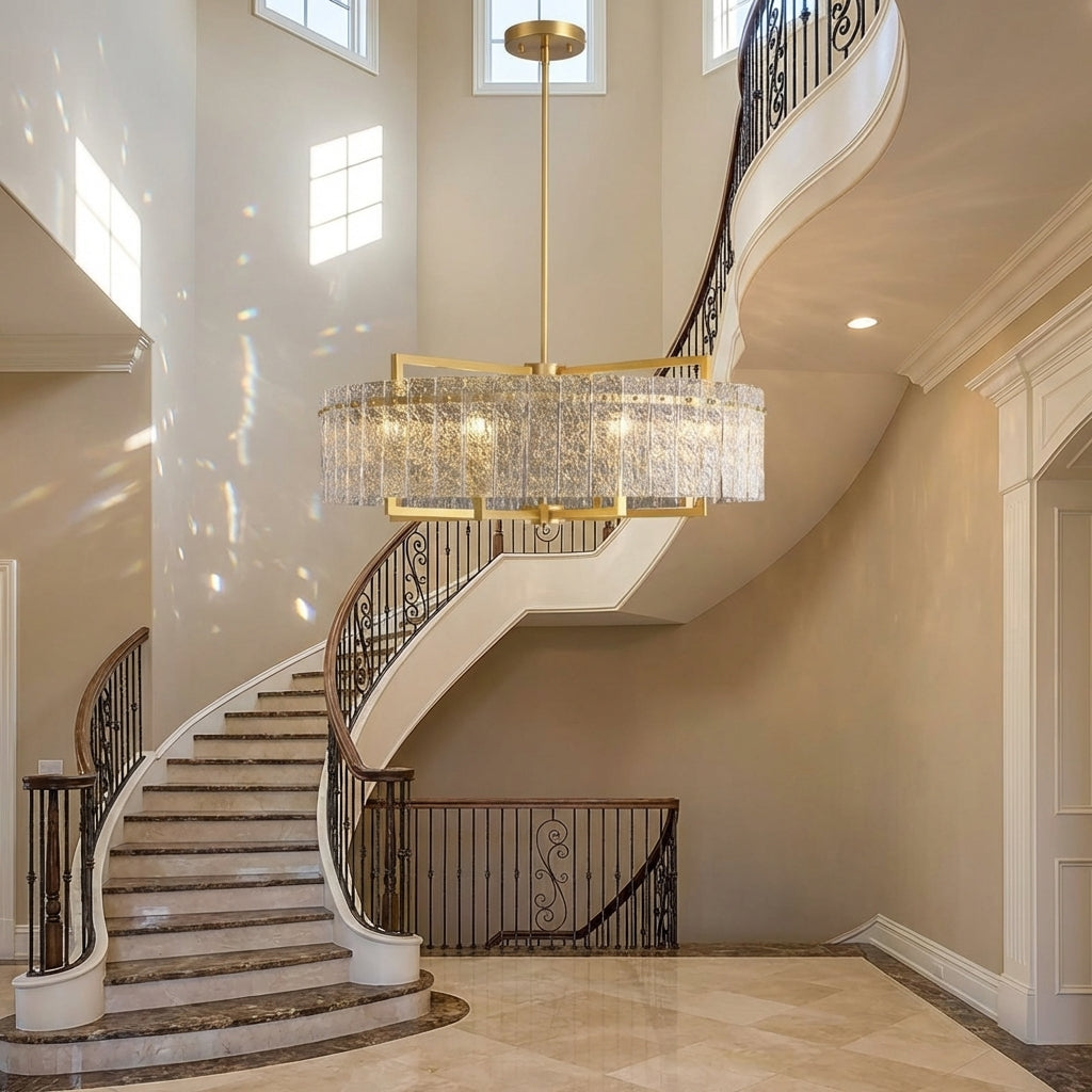 Luster Gaze Radiant Aura Round Crystal Chandelier - dramatic American stairwell with soaring ceiling
