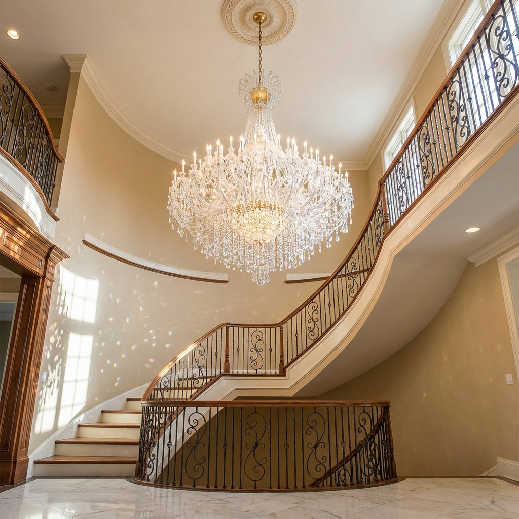 Luster Gaze Grand Palazzo Crystal Candle Chandelier - dramatic American stairwell with soaring ceiling