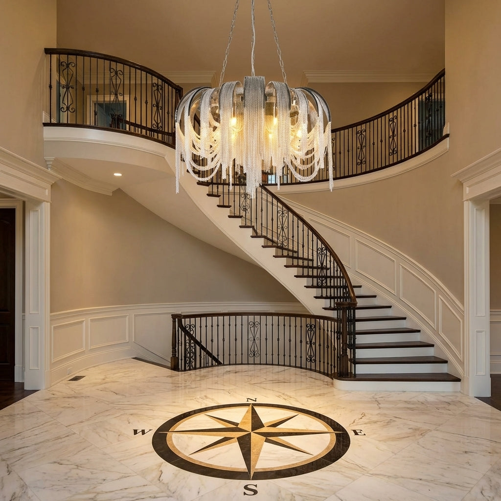 Luster Gaze Alisa Cascade Round Chandelier - grand American foyer with two-story ceiling