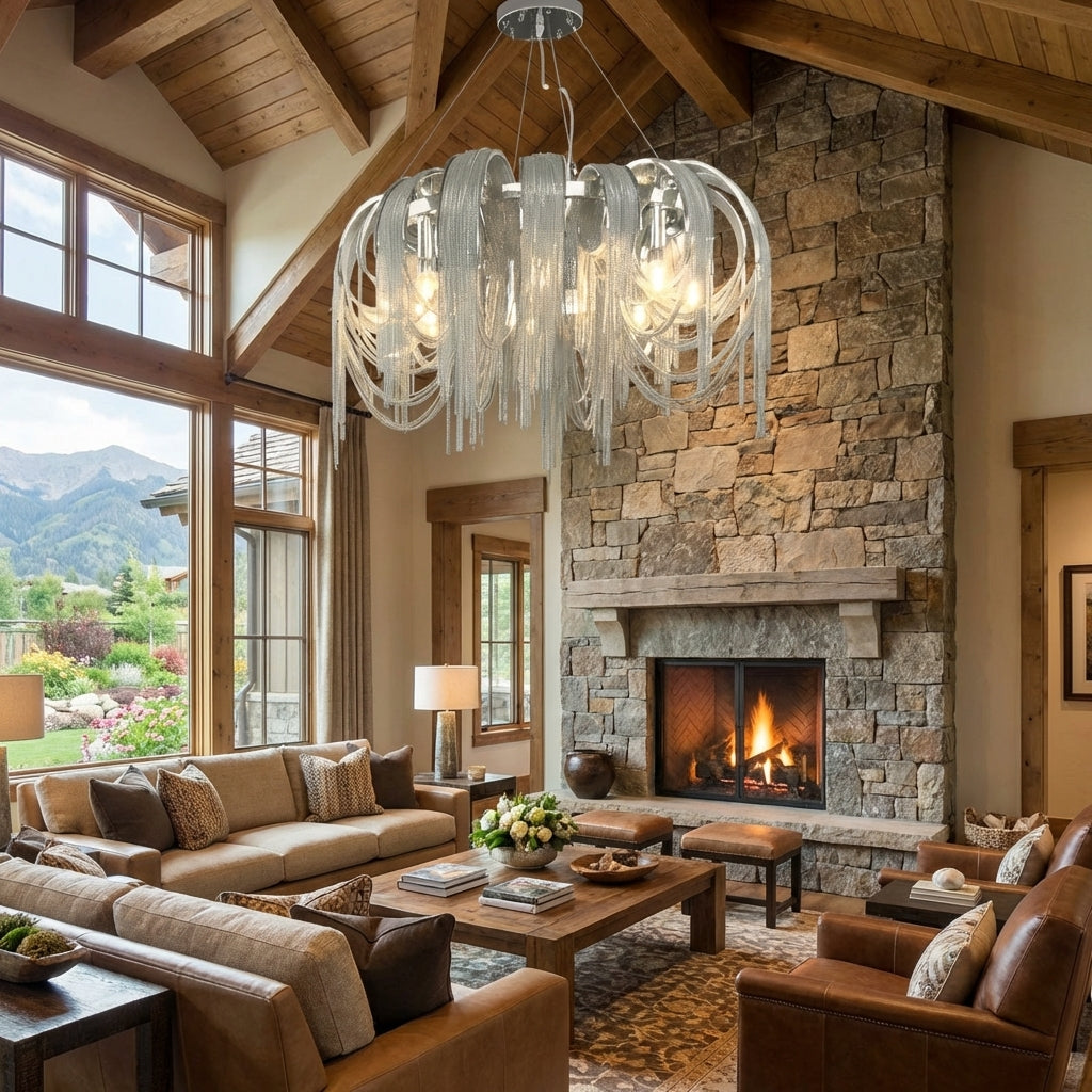 Luster Gaze Alisa Cascade Round Chandelier - American transitional great room with cathedral ceiling