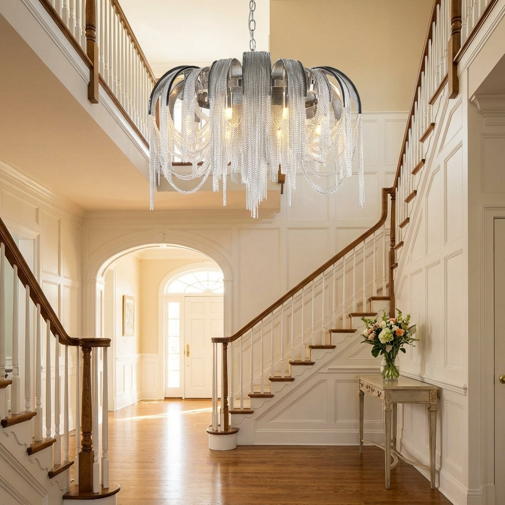 Luster Gaze Alisa Cascade Round Chandelier - elegant American entryway with arched doorway