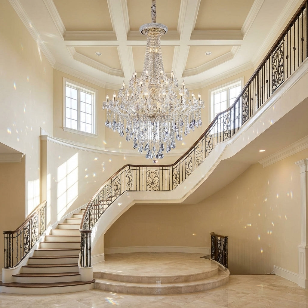 Luster Gaze Opulent Grandeur K9 Crystal Candle Chandelier - dramatic American stairwell with soaring ceiling