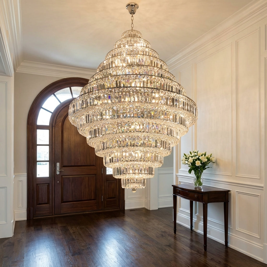 Luster Gaze Grand Radiance K9 Crystal Round Chandelier - elegant American entryway with arched doorway