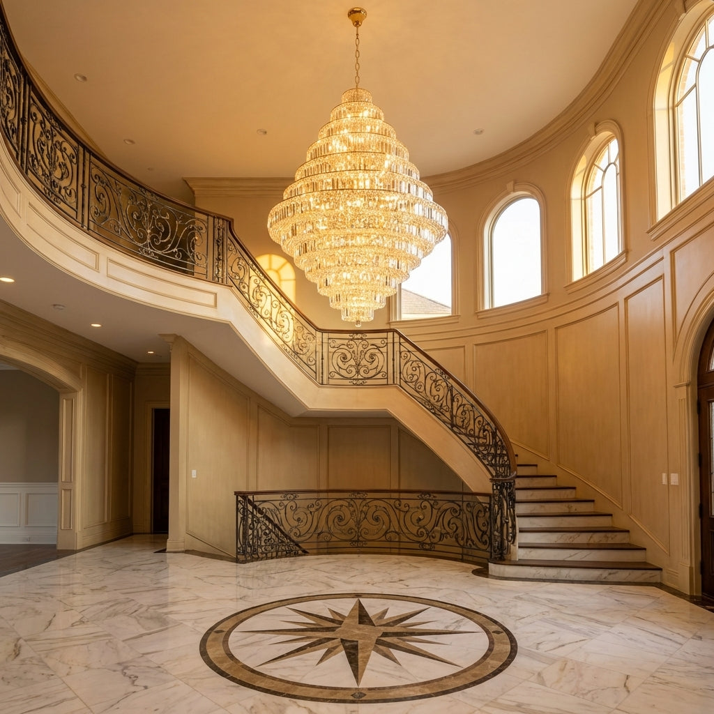 Luster Gaze Grand Radiance K9 Crystal Round Chandelier - grand American foyer with two-story ceiling