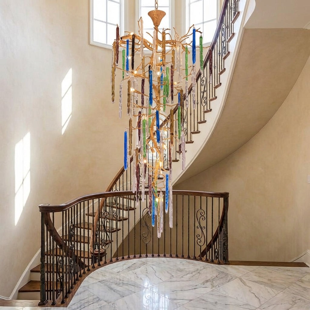 Luster Gaze Verdant Canopy Brass Branch Chandelier - dramatic American stairwell with soaring ceiling