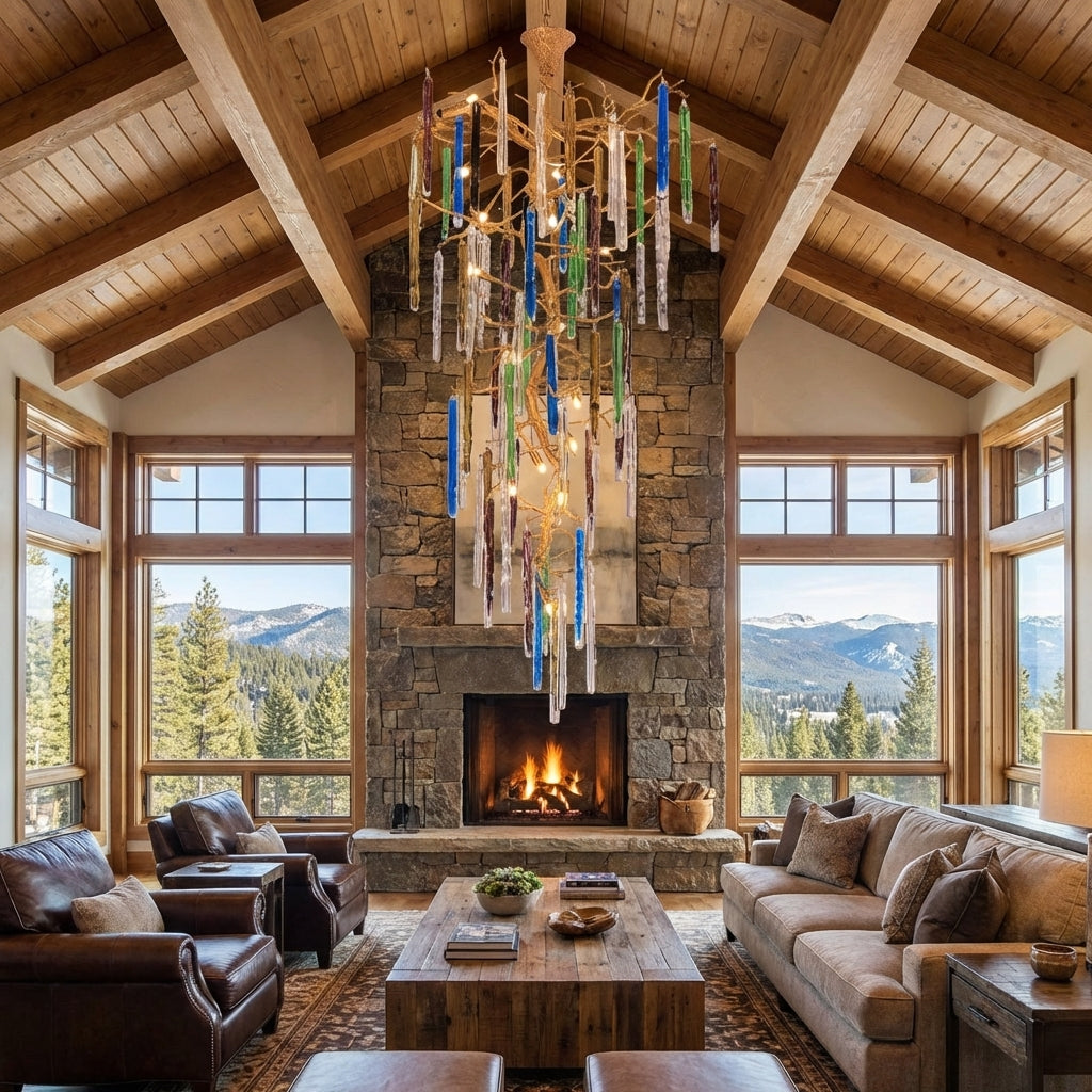 Luster Gaze Verdant Canopy Brass Branch Chandelier - American transitional great room with cathedral ceiling