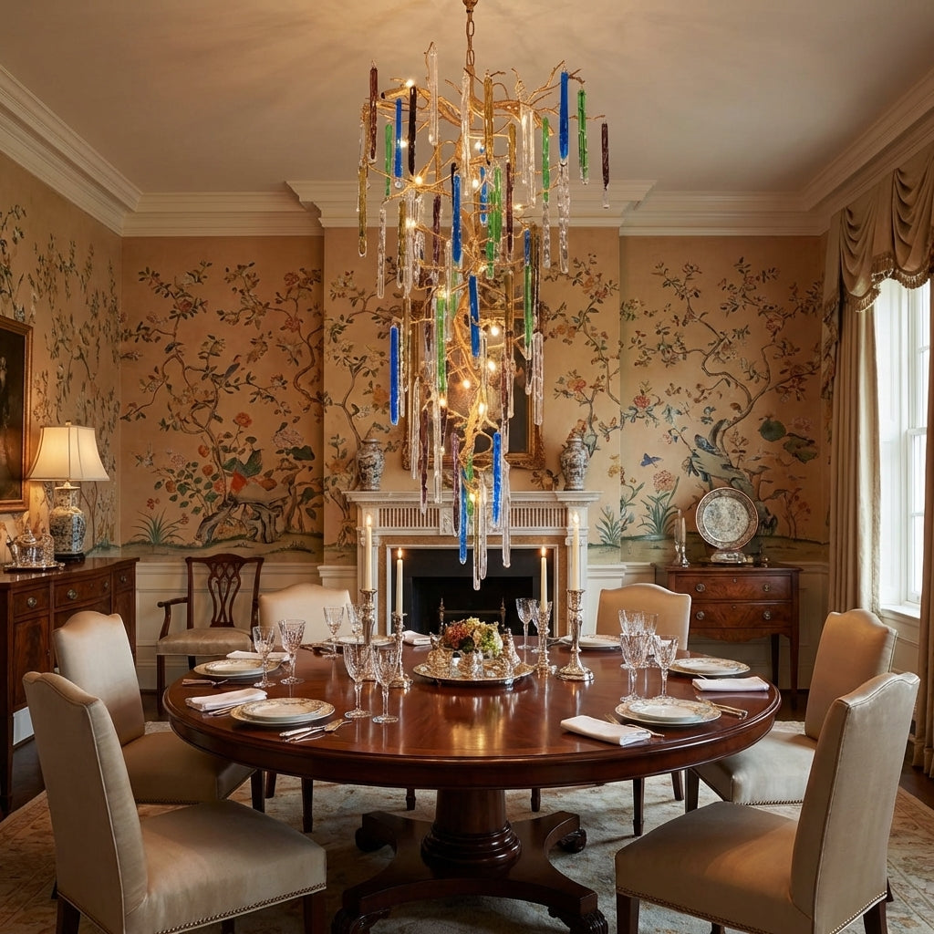 Luster Gaze Modern Light Luxury Brass Branches Colored Glass Column Chandelier for Staircase/Living Room/High-ceiling Space - formal American dining room