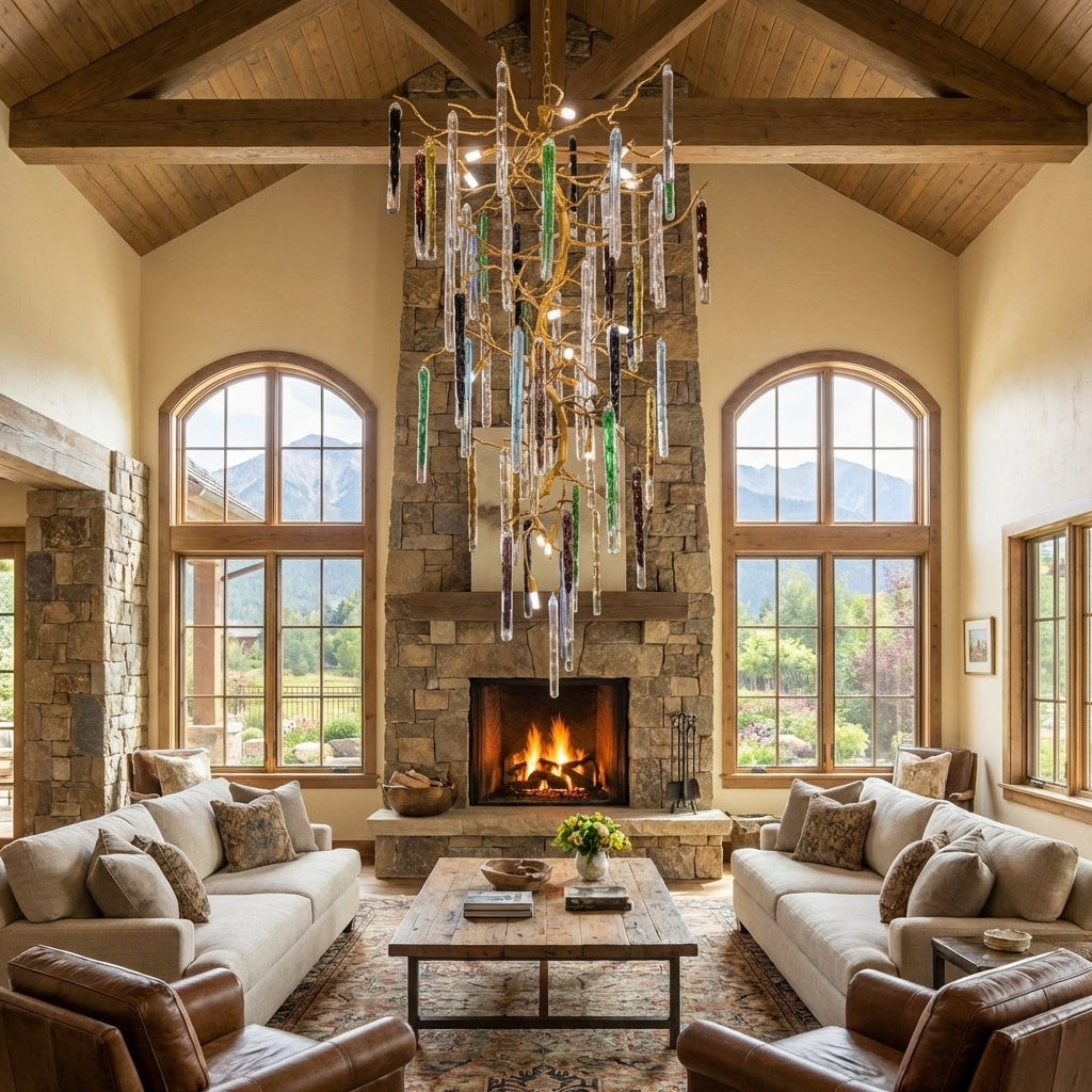 Luster Gaze Modern Light Luxury Brass Branches Colored Glass Column Chandelier for Staircase/Living Room/High-ceiling Space - American transitional great room with cathedral ceiling