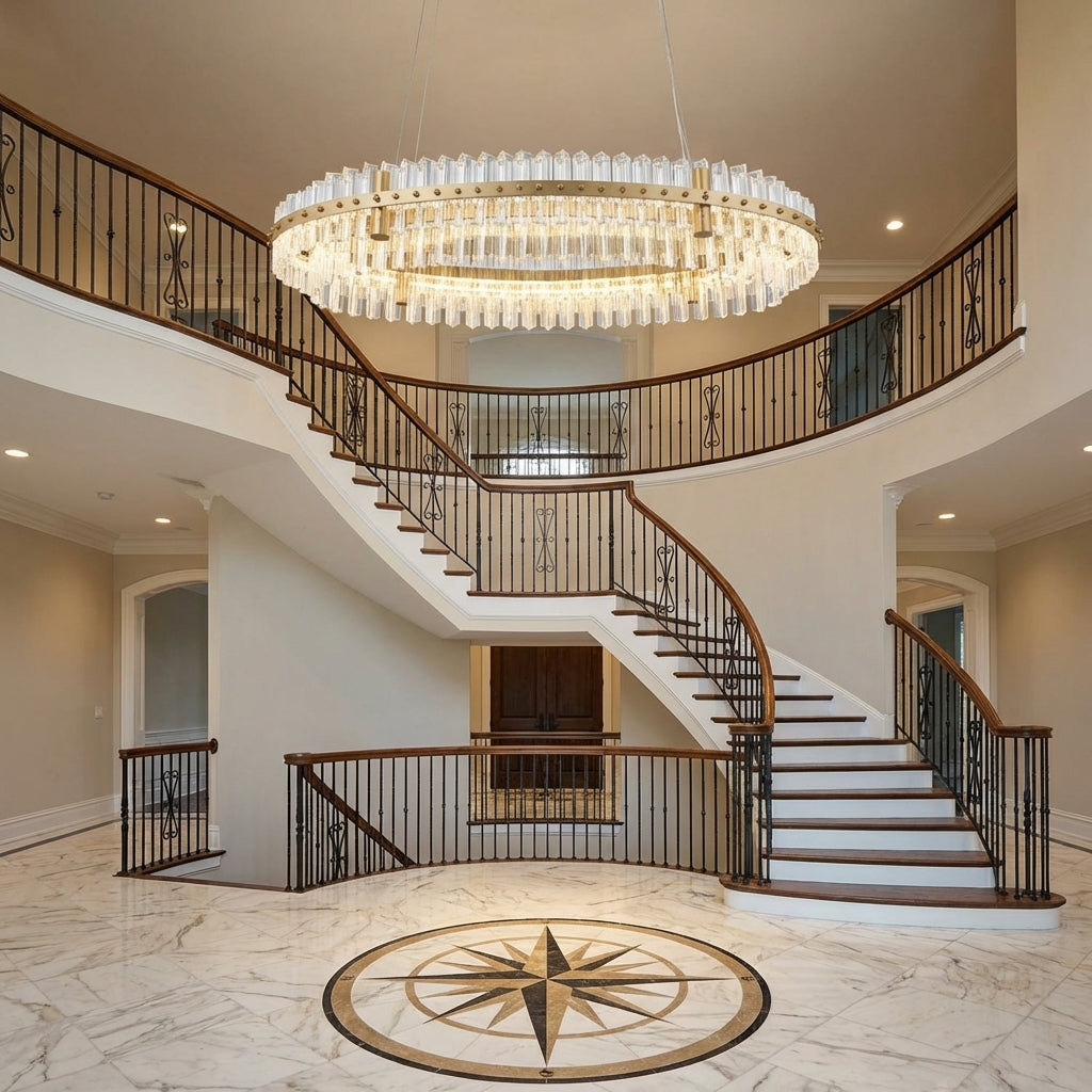 Luster Gaze Aqueous Horizon 2-Tier Oval Chandelier - grand American foyer with two-story ceiling