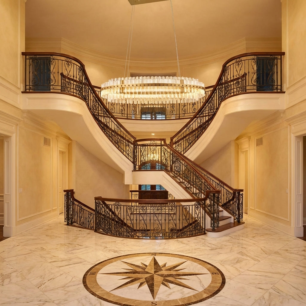 Luster Gaze Aqueous Horizon 2-Tier Oval Chandelier - grand American foyer with two-story ceiling