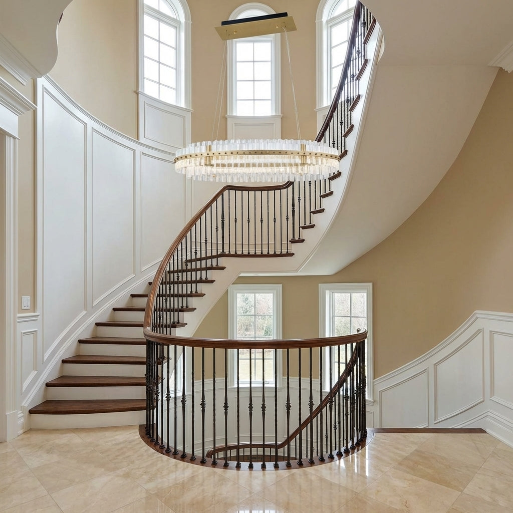 Luster Gaze Aqueous Horizon 2-Tier Oval Chandelier - dramatic American stairwell with soaring ceiling