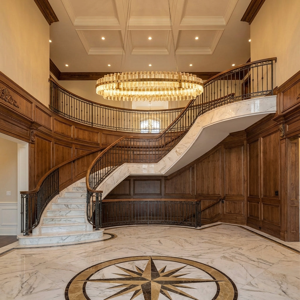 Luster Gaze Aquinox 2-Tier Oval Chandelier - grand American foyer with two-story ceiling