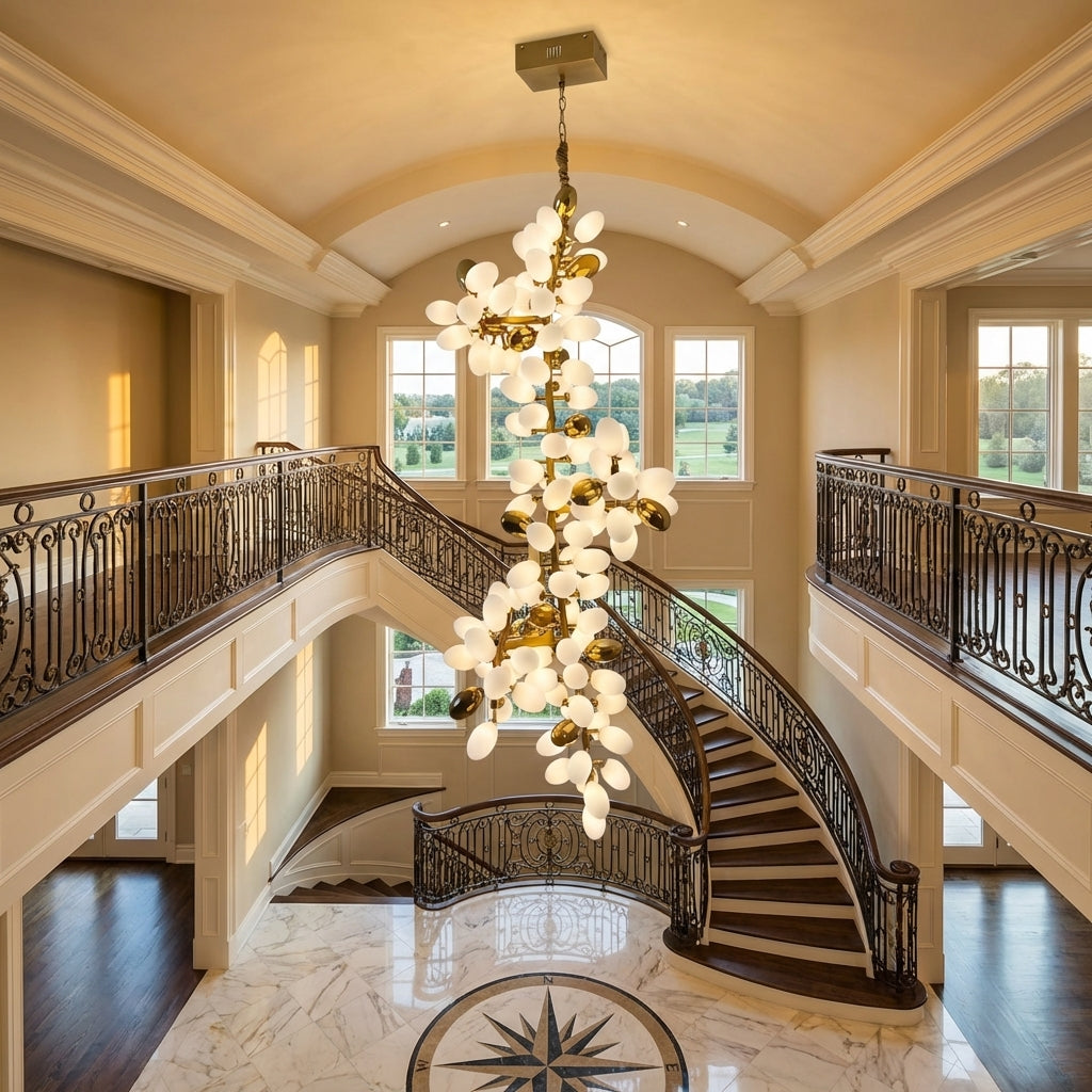 Luster Gaze Large Branch Copper Chandelier with Grape Shape Bulbs Unique and Creative Light Fixture for Staircase/ Duplex/ High Ceiling Living Room/ Restaurant - grand American foyer with two-story ceiling