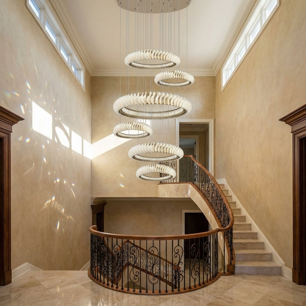 Luster Gaze Celestial Rings Multi-Layer Crystal Chandelier - dramatic American stairwell with soaring ceiling