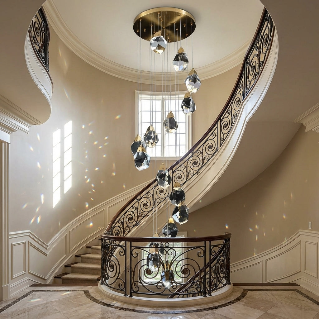 Lumina Haven Luminara Faceted Crystal Grand Chandelier - dramatic American stairwell with soaring ceiling