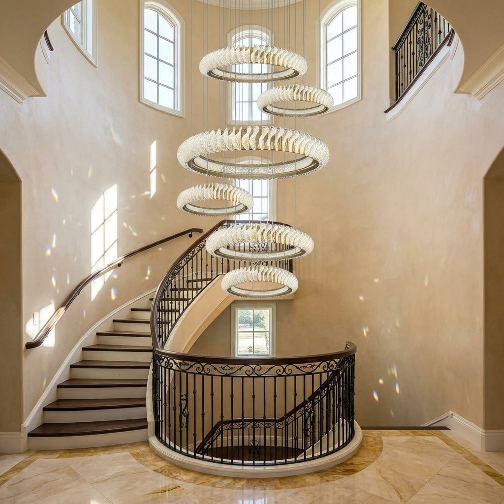 Luster Gaze Celestial Rings Multi-Layer Crystal Chandelier - dramatic American stairwell with soaring ceiling