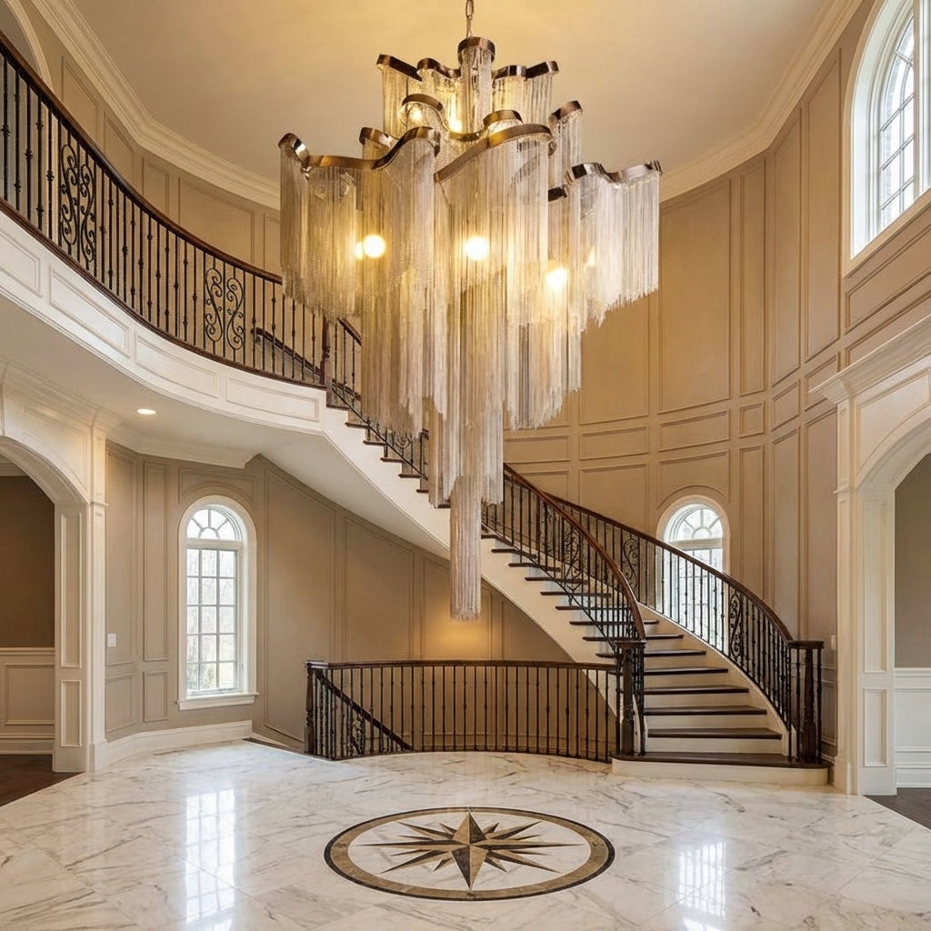 Luster Gaze Grand Cascade Stainless Steel Tassel Chandelier - grand American foyer with two-story ceiling
