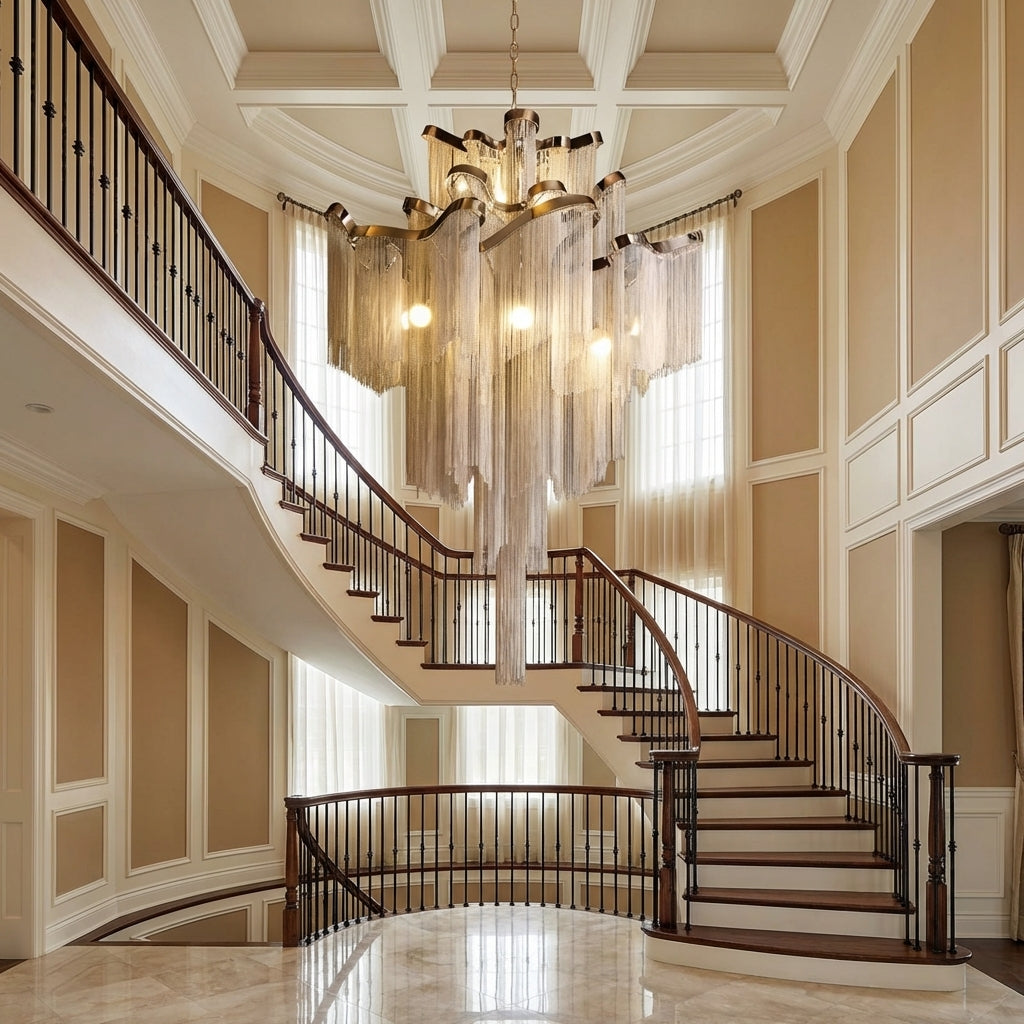 Luster Gaze Grand Cascade Stainless Steel Tassel Chandelier - dramatic American stairwell with soaring ceiling