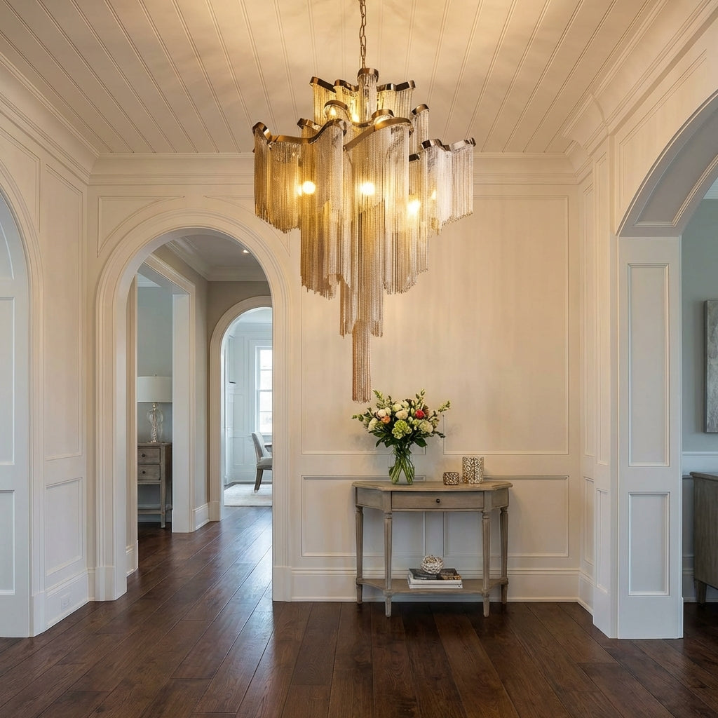 Luster Gaze Post-Modern Extra Large Stainless Steel Long Tassel Chandelier for Large Living Room / Staircase / Villa / Duplexes - elegant American entryway with arched doorway