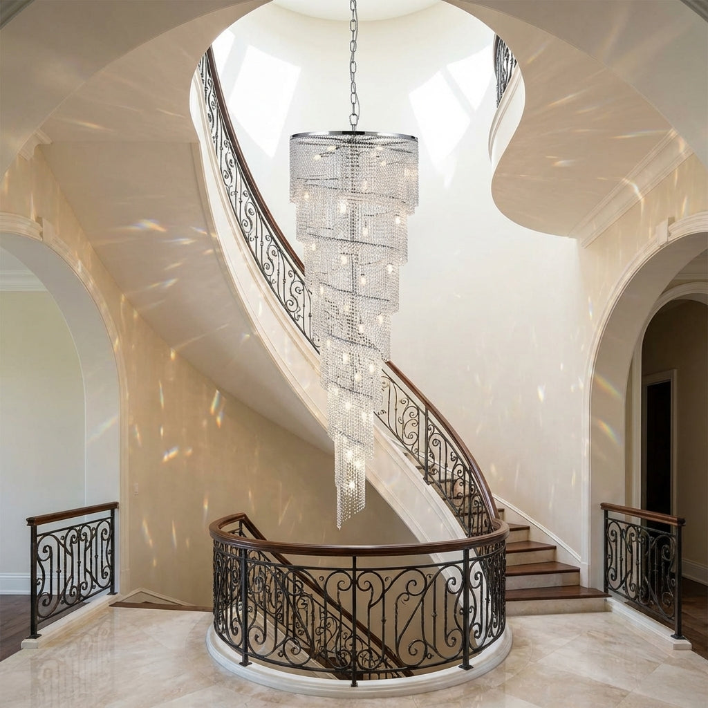 Luster Gaze Grand Spiral Tiered Crystal Chandelier - dramatic American stairwell with soaring ceiling