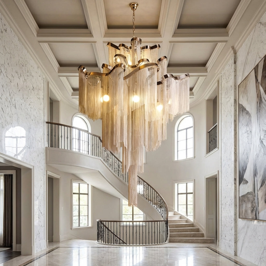Luster Gaze Post-Modern Extra Large Stainless Steel Long Tassel Chandelier for Large Living Room / Staircase / Villa / Duplexes - Studio Shot
