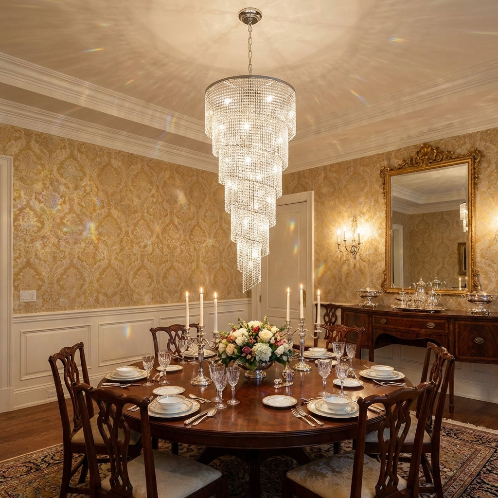 Luster Gaze Grand Spiral Tiered Crystal Chandelier - formal American dining room
