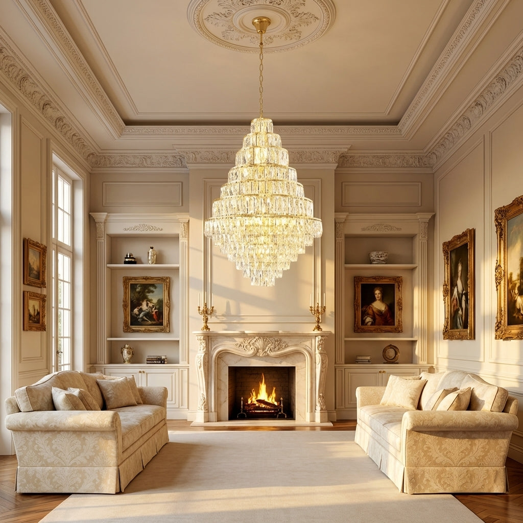 Luster Gaze Grand Radiance Crystal & Metal Chandelier - American formal living room with 12-foot ceilings
