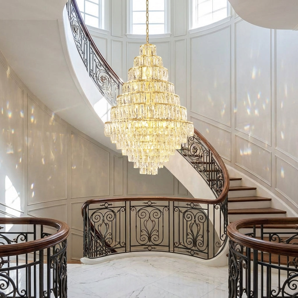 Luster Gaze Grand Radiance Crystal & Metal Chandelier - dramatic American stairwell with soaring ceiling