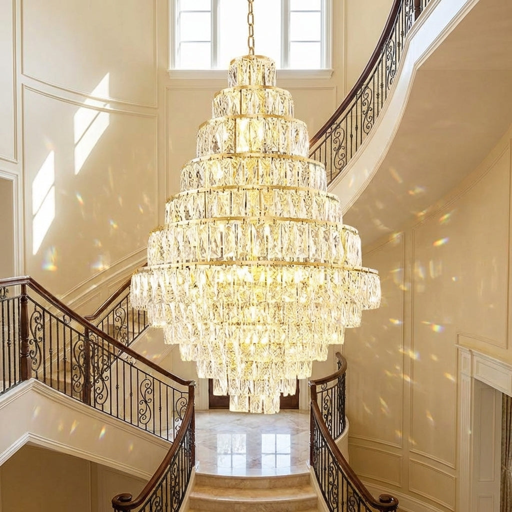 Luster Gaze Extra Large Decorative Crystal Chandelier Foyer Hall Ceiling Light Fixture For Staircase In Gold/ Chrome - dramatic American stairwell with soaring ceiling