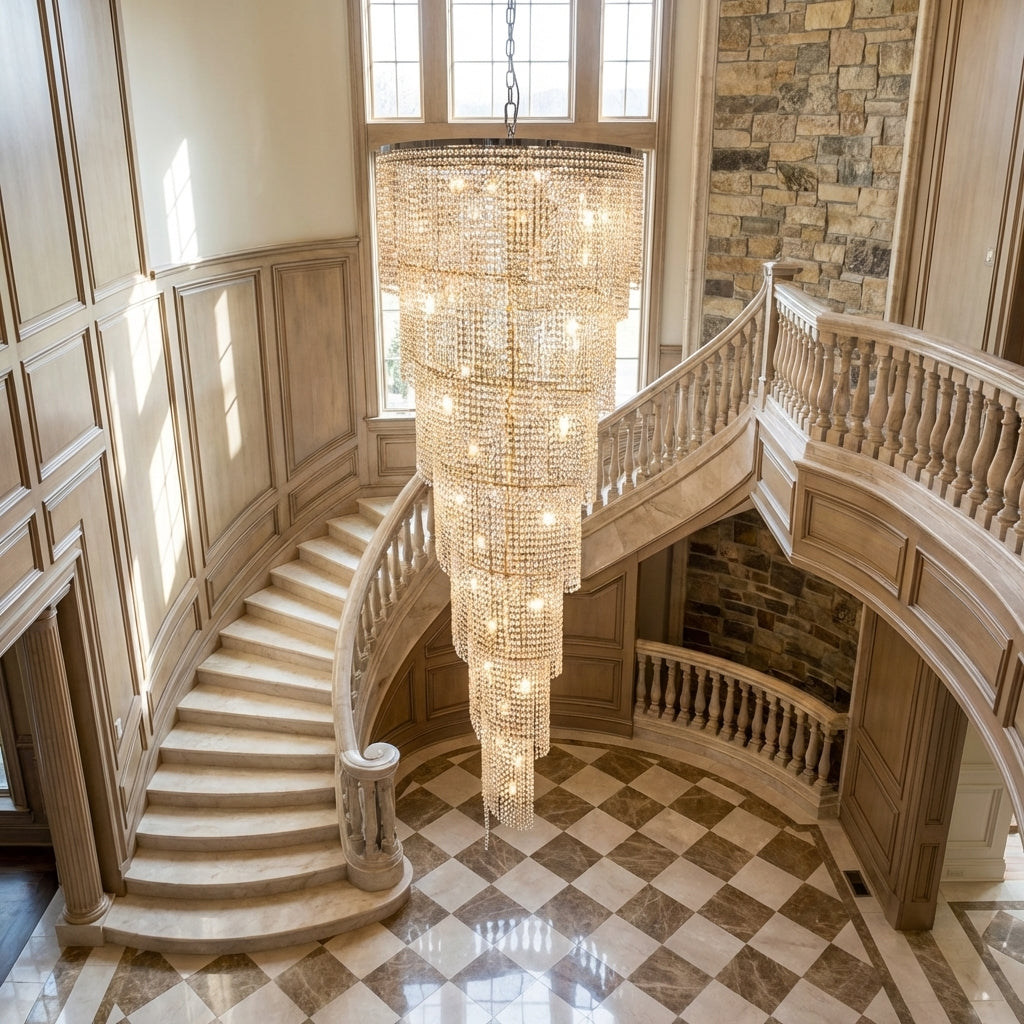 Luster Gaze Extra Large Spiral Tiered Long Crystal Chandelier Luxury Crystal Tassel Light Fixture For Staircase/Entryway - grand American estate foyer