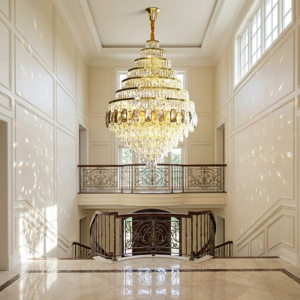 Luster Gaze Grand Honeycomb Crystal Chandelier - dramatic American stairwell with soaring ceiling