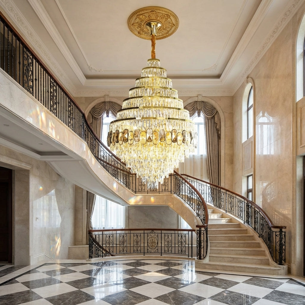 Luster Gaze Honeycomb Shaped Ceiling Chandelier Extra Large Crystal Light Fixture For Foyer Staircase/ Entryway In Gold Finish - grand American estate foyer