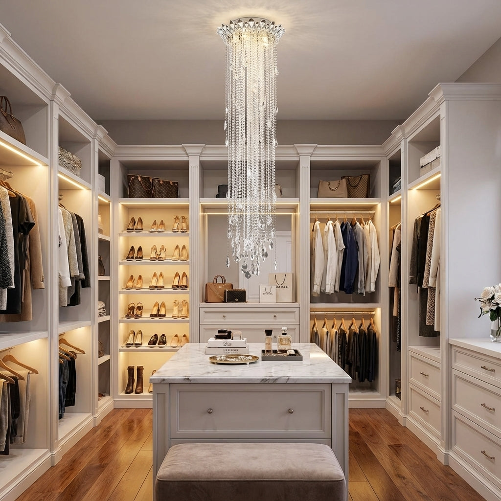 Luster Gaze Veridian Cascade Crystal Tassel Chandelier - luxury American walk-in closet