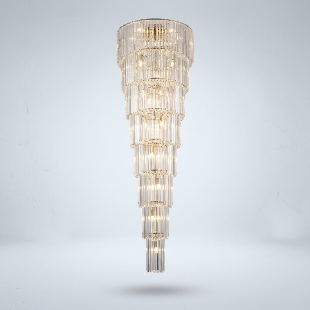 Luster Gaze Extra Large Multi-layers Long Golden Crystal Chandelier for 2-Storey/Duplex Buildings/Dining Room/Staircase - Studio Shot