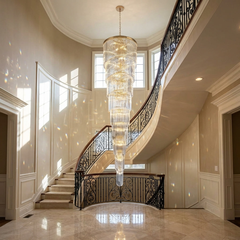 Luster Gaze Extra Large Multi-layers Long Golden Crystal Chandelier for 2-Storey/Duplex Buildings/Dining Room/Staircase - Scene