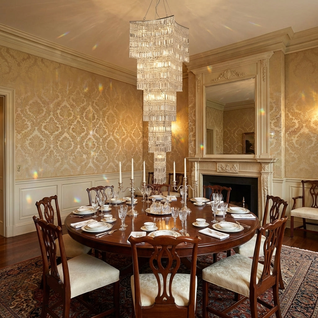 Luster Gaze Grand Tiered K9 Crystal Vertical Chandelier - formal American dining room